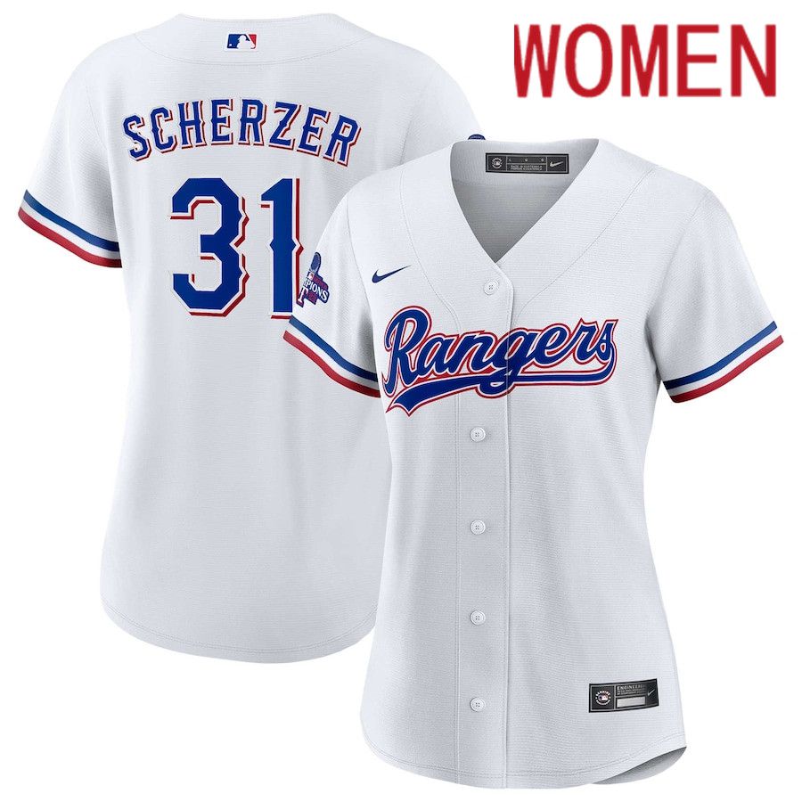 Women Texas Rangers #31 Max Scherzer Nike White Home 2023 World Series Champions Replica Player MLB Jersey->women mlb jersey->Women Jersey